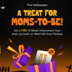 Infographic showing how Affordable Ultrasound Imaging celebrates Halloween with free Reassurance Scans, Watch Me Grow Package, and festive 3D ultrasound experiences for moms-to-be.