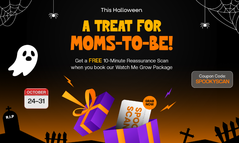 Infographic showing how Affordable Ultrasound Imaging celebrates Halloween with free Reassurance Scans, Watch Me Grow Package, and festive 3D ultrasound experiences for moms-to-be.