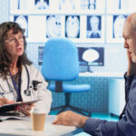 A doctor explains diagnostic imaging results to an older male patient in a medical consultation room, with brain scan images displayed on the wall in the background.