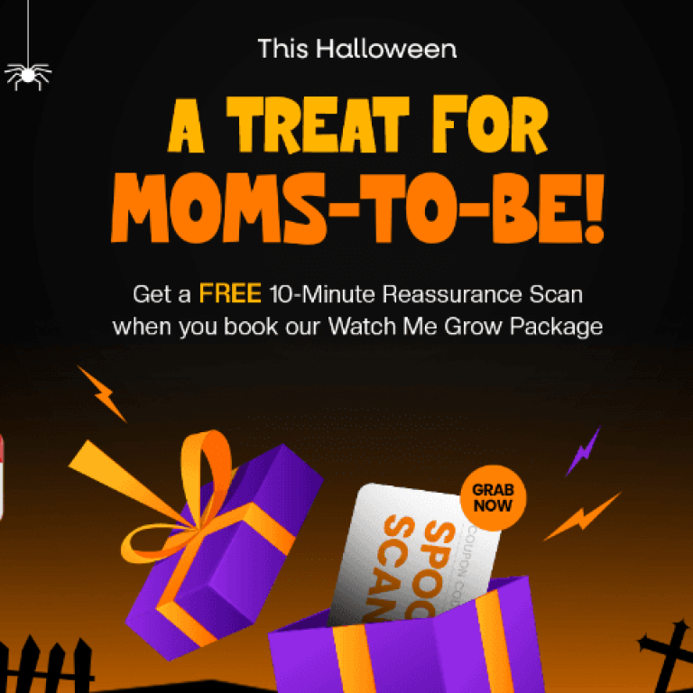 Infographic showing how Affordable Ultrasound Imaging celebrates Halloween with free Reassurance Scans, Watch Me Grow Package, and festive 3D ultrasound experiences for moms-to-be.